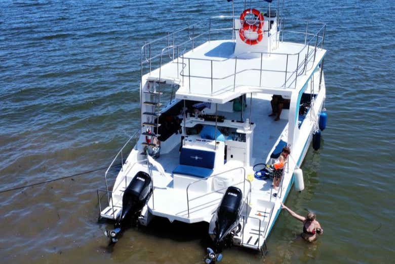 El catamarán fondeado en las cercanías de una playa - El catamarán fondeado en las cercanías de una playa